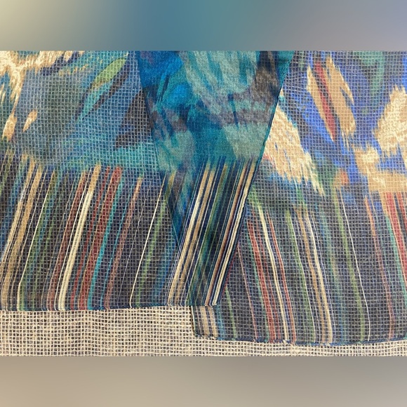 Scarf Green Blue Tan Burgundy Abstract Print with Striped Pattern at Ends - Picture 4 of 4